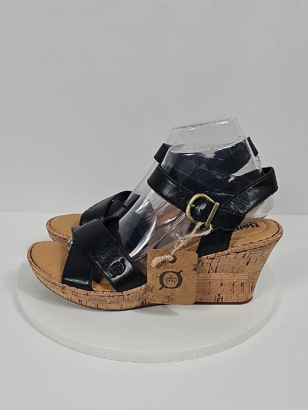 NWT Born Leather Wedge Sandals Cork-Style Platform Cross Strap Black 10 Boho